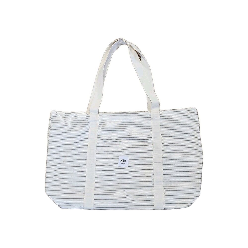 ZARA Reusable Eco Edition Tote Bag Blue Cream Striped Large Sustainable Chic